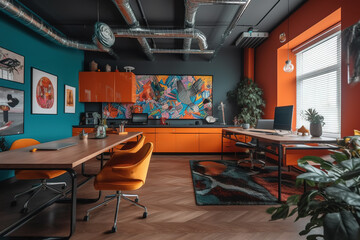 A cool pop art style office with bright flashy appliances and retro furniture. Generative AI