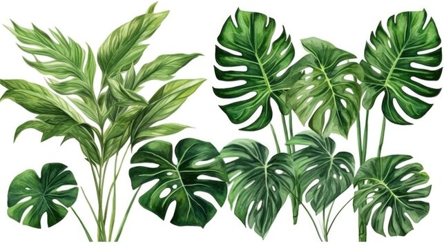 Exotic plant, palm leaf, monstera on isolated white background, watercolor illustration.Generated with AI