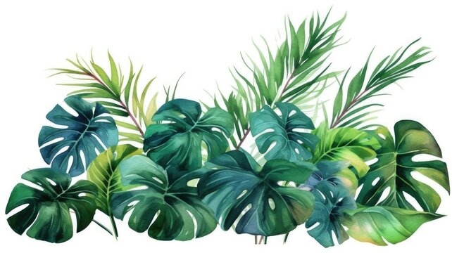 Exotic plant, palm leaf, monstera on isolated white background, watercolor illustration..Generated with AI