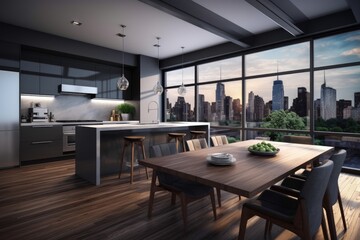 With panoramic windows, a gray kitchen island, dark chairs next to a table, and counters. view of a city. a mockup Generative AI