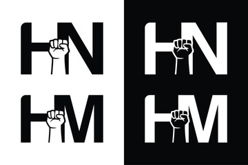 Set of Hand fist and HN HM letter black and white. Suitable in various business purposes also for icon, logo, symbol and many more.