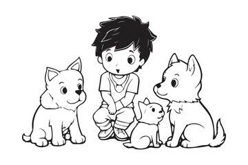 Kids Coloring Book, Coloring Pages, Dog Character Coloring Page With Cute Kids, Vector Line Art 