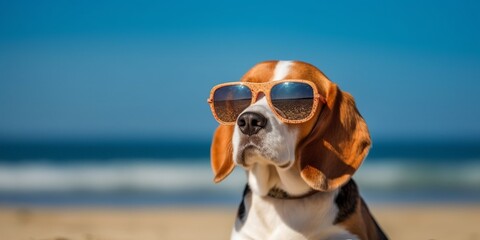 Fototapeta na wymiar Dog at the beach wearing sunglasses, relax and vacation concept, style and fashion on the beach, funny pet sunbathing, playing and having family fun at sea, generative AI
