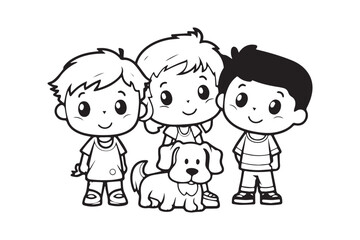 Kids Coloring Book, Coloring Pages, Dog Character Coloring Page With Cute Kids, Vector Line Art 