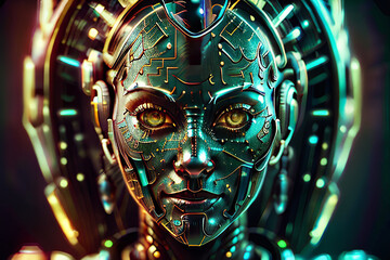 Close Up Cyborg Robot with Intricate Detailed Green Skin Detailed Background Generative Ai Illustration.