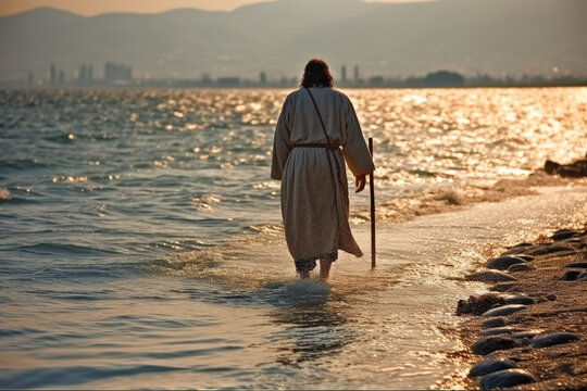 Christ walking on water, jesus walked on water, sea of galilee. Generative AI