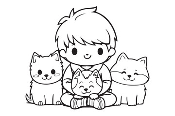 Kids Coloring Book, Coloring Pages, Dog Character Coloring Page With Cute Kids, Vector Line Art 