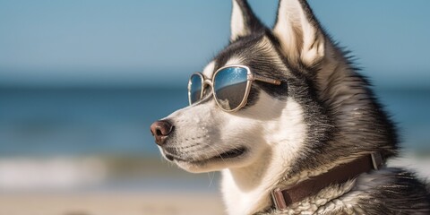 Dog at the beach wearing sunglasses, relax and vacation concept, style and fashion on the beach, funny pet sunbathing, playing and having family fun at sea, generative AI