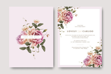 Beautiful wedding invitation card template with peonies flowers