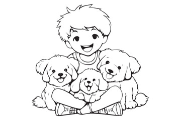 Kids Coloring Book, Coloring Pages, Dog Character Coloring Page With Cute Kids, Vector Line Art 