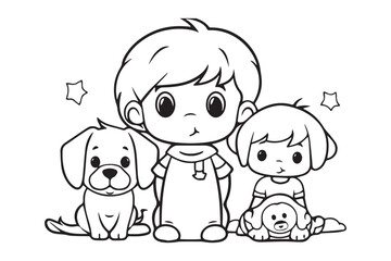 Kids Coloring Book, Coloring Pages, Dog Character Coloring Page With Cute Kids, Vector Line Art 
