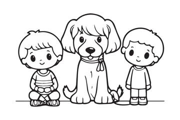 Kids Coloring Book, Coloring Pages, Dog Character Coloring Page With Cute Kids, Vector Line Art 
