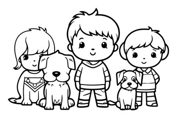 Kids Coloring Book, Coloring Pages, Dog Character Coloring Page With Cute Kids, Vector Line Art 