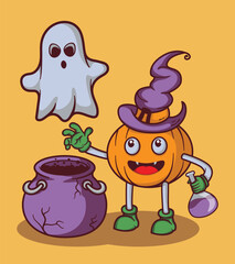 Cartoon cute pumpkin with ghost