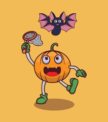 Cartoon cute pumpkin  with catching bat