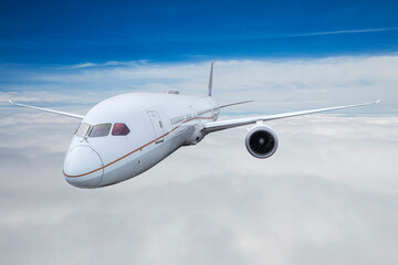 Fototapeta na wymiar Airplaine passenger fly over blue sky