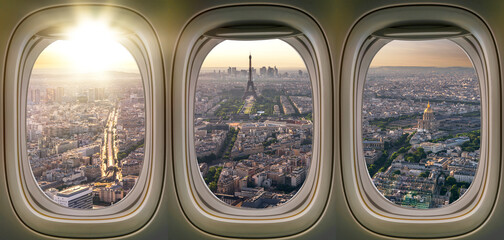 Eiffel tower view and Paris city from windows of airplane