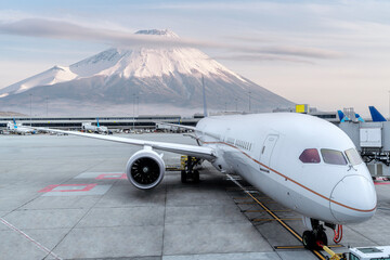 Airplaine passenger stop on run way of Heneda international airport with Fuji mountain background,...
