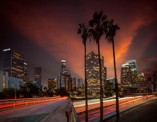 Cityscape in night time in Los angeles with road and highway