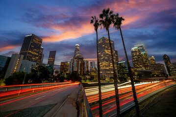Cityscape in night time in Los angeles with road and highway