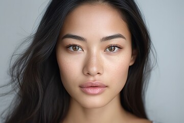 A Beautiful Asian Woman, Close up on her face with Smooth skin look at the camera on a White background in Studio light.Generated with AI - obrazy, fototapety, plakaty
