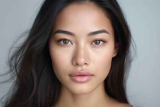 A Beautiful Asian Woman, Close up on her face with Smooth skin look at the camera on a White background in Studio light.Generated with AI