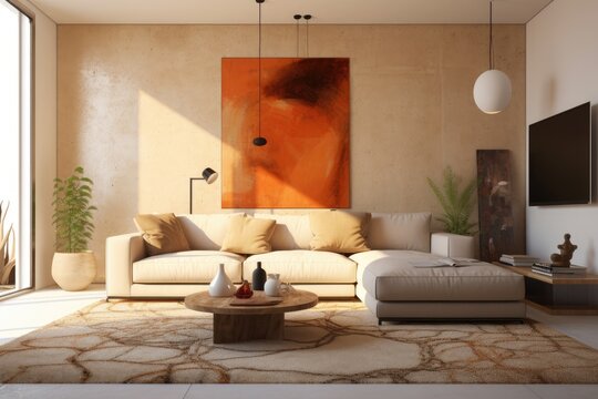 Front picture of a light-filled living room with an empty poster Generative AI