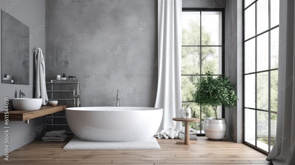 Poster bathroom interior with a white bathtub with a towel hanging over it, a hardwood floor, gray walls, a