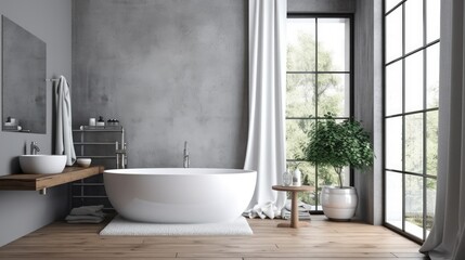 Naklejka na ściany i meble Bathroom interior with a white bathtub with a towel hanging over it, a hardwood floor, gray walls, and a loft window. a mockup Generative AI