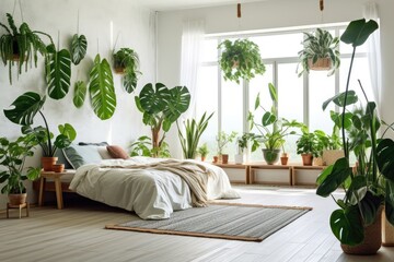Stylishly bright bedroom with new, green plants Generative AI