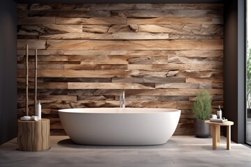 Naklejka na ściany i meble Interior Scene and Mockup, Wood and stone-adorned modern bathroom interior. Generative AI