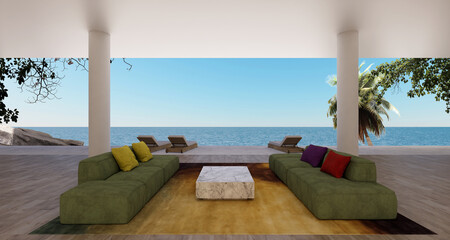 Beach house,  Hotel Resort in only sofas and coffee tables looking out , close to the sea and sky, perfect for relaxing. luxury interior 3d rendering with sea view.