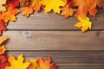 Naklejka na ściany i meble Autumnal foliage and a picture frame on wooden planks in a Shabby Chic design. Copy space No content here; use it for decoration, writing, or advertising. Generative AI