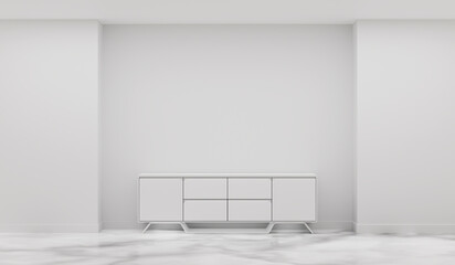 Modern wooden cabinet white with drawers set against white wall on the marble floor , Minimal scene for product presentation Showing concepts for stage performances, design,3D rendering.