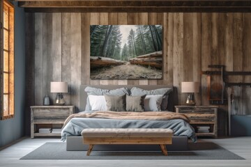 mock-up poster frame with a background of a rustic bedroom, Generative AI