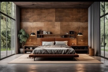 Design of a loft apartment with a wooden bed, interior of a bedroom with an empty wall, Generative AI