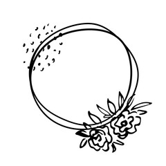 Simple round floral frame with black outline. Roses and peonies, romantic style. Vector drawing.