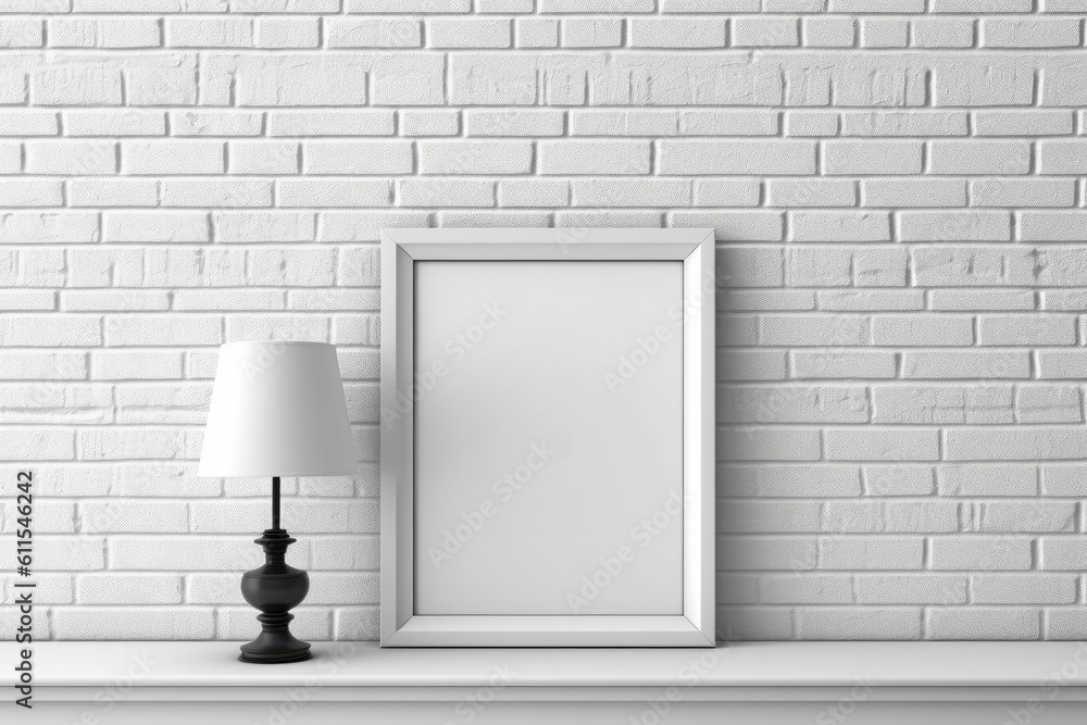 Poster background of a white mock-up frame with a white brick wall color generative ai