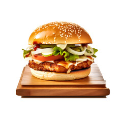 Hamburger on a wooden tray PNG transparent background 