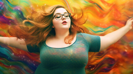 Obraz na płótnie Canvas Beautiful fat young woman on colorful background. AI generation