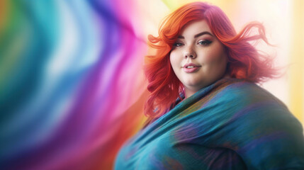 Fototapeta premium Beautiful fat young woman with long red hair on colorful background. AI generation