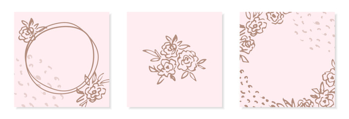 Floral vector illustration in gentle pastel colors. Social media post template set, round frame, rose flowers, peonies. Invitations and postcards. Place for title, text.
