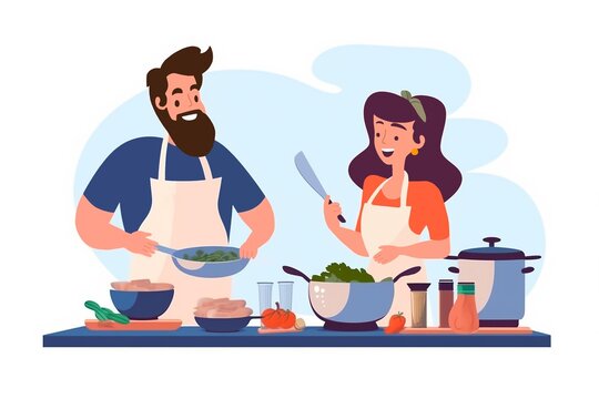  Generative AI.Happy couple cooking vegetable salad together vector flat illustration.  People preparing healthy food on kitchen table. People cooking at home, happy couple at kitchen. 