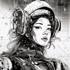  an amazing style of surreal manga illustration of cyberpunk, futuristic cyborg, girl portraits in black and white Created with generative AI tools.