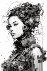 an amazing style of surreal manga illustration of cyberpunk, futuristic cyborg, girl portraits in black and white Created with generative AI tools.
