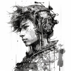  an amazing style of surreal manga illustration of cyberpunk, futuristic cyborg, man portraits in black and white Created with generative AI tools.