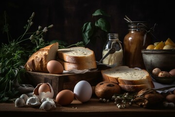 Obraz na płótnie Canvas Tasty morning meal with bread and eggs. Generative AI