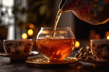 Fototapeta premium Graceful Pouring of Classic Tea in Traditional Pot, Mid-angle Shot, created with Generative AI