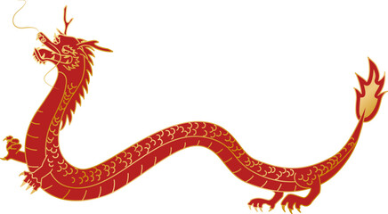 金色の線で描かれた赤い横向きの龍の全身イラスト