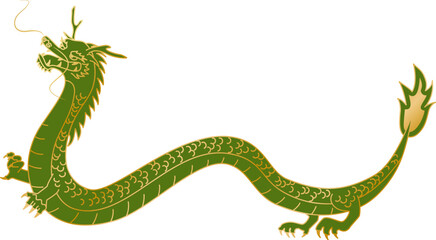 金色の線で描かれた緑色の横向きの龍の全身イラスト